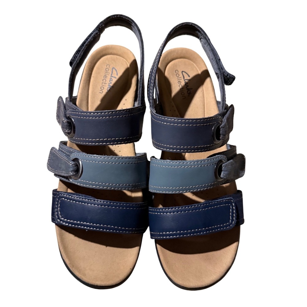 Clarks Merliah2 Bali Blue Leather Tonal Triple Strap Comfort Sandals Women 10 W